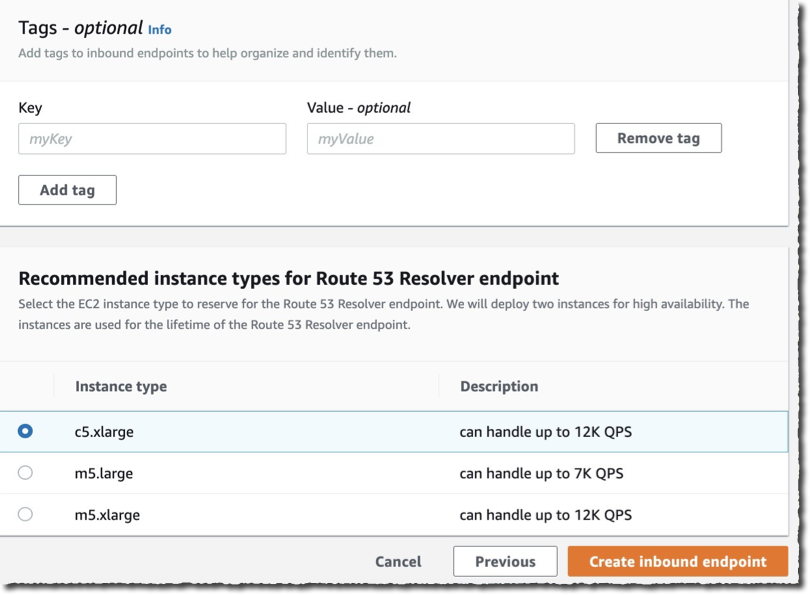 Create inbound endpoint - select the instance type