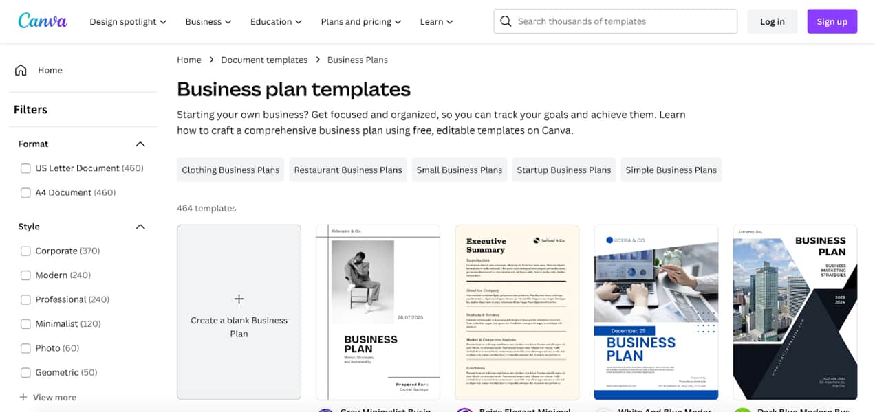 business plan templates from Canva