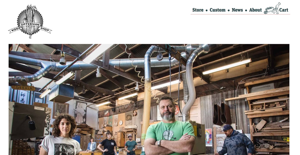 the Offerman Woodshop hompage with photos of the team