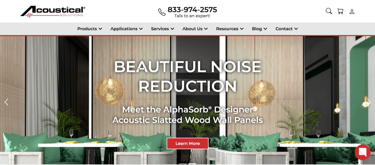 Acoustical Solutions homepage with a photo of their wood wall panels