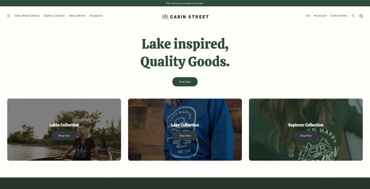 Cabin Street homepage with collections in a grid