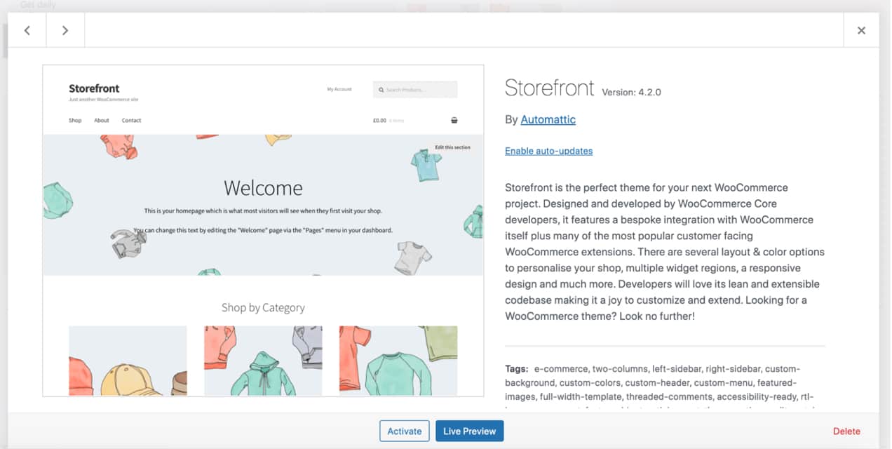 Storefront theme activated in WordPress