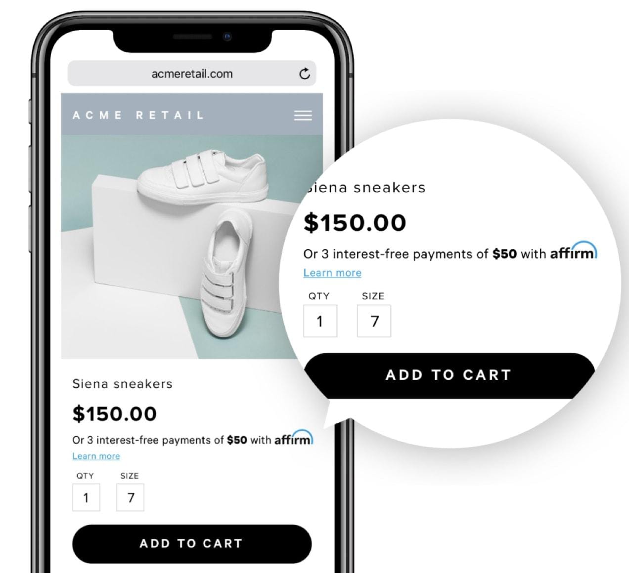 option to pay in three interest-free payments on a shoe product page
