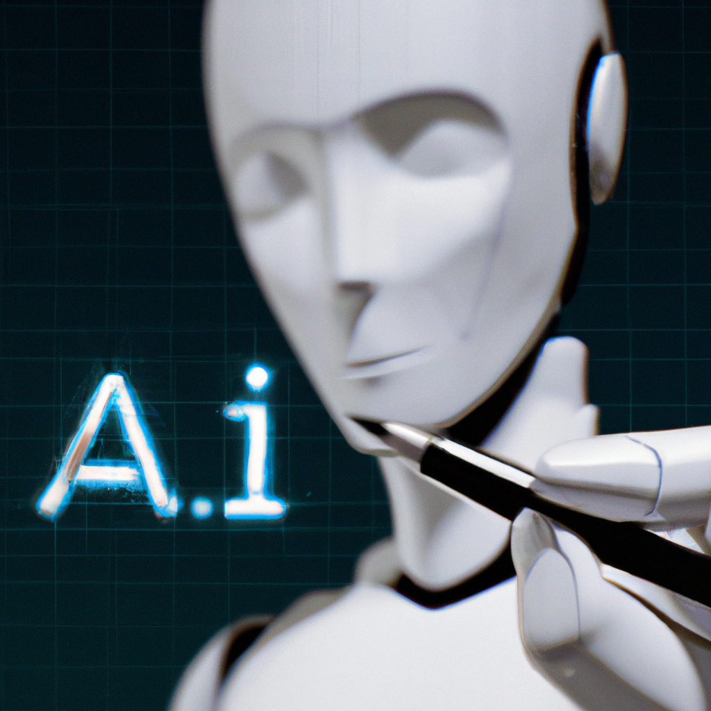 A futuristic robot holding a pen, symbolizing AI writing technology.