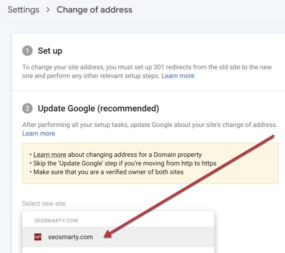 Screenshot of Search Console's "Change of address" tool