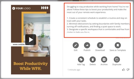 Example social media post from Predis.ai from the prompt "How to improve productivity when working from home."