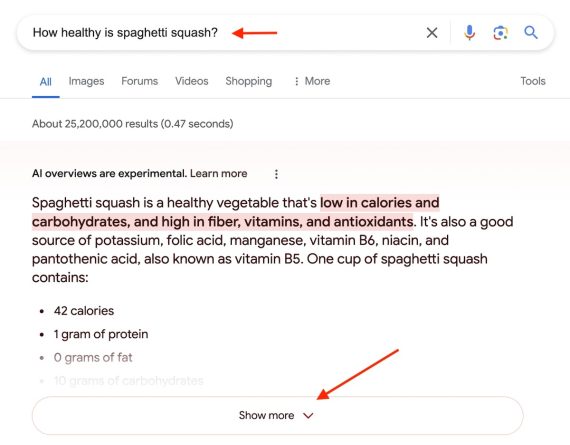 Screenshot of an instant SGE answer for "How healthy is spaghetti squash?"