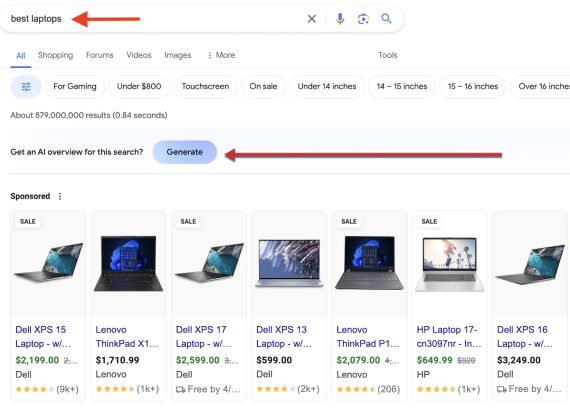 Screenshot of Google SERP for the query "best laptops."