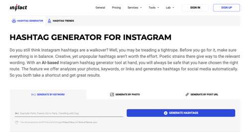 Web page of Inflact's Hashtag Generator for Instagram