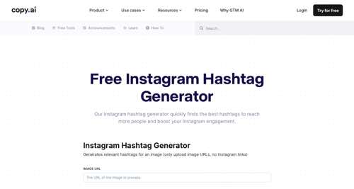 Web page of Copy.ai's Instagram Hashtag Generator