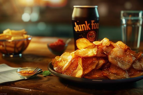 Photo of french fried potatoes and a canned drink on a restaurant table.