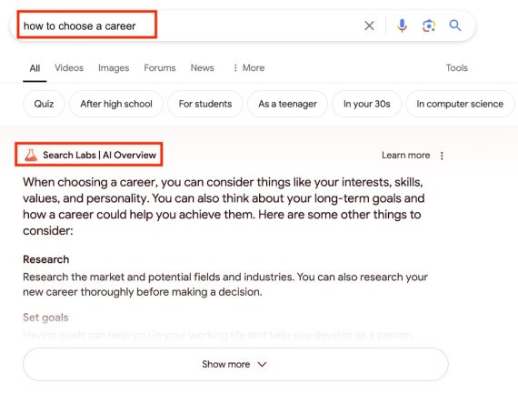 Screenshot of SERPs for "how to choose a career" as seen by Labs participants