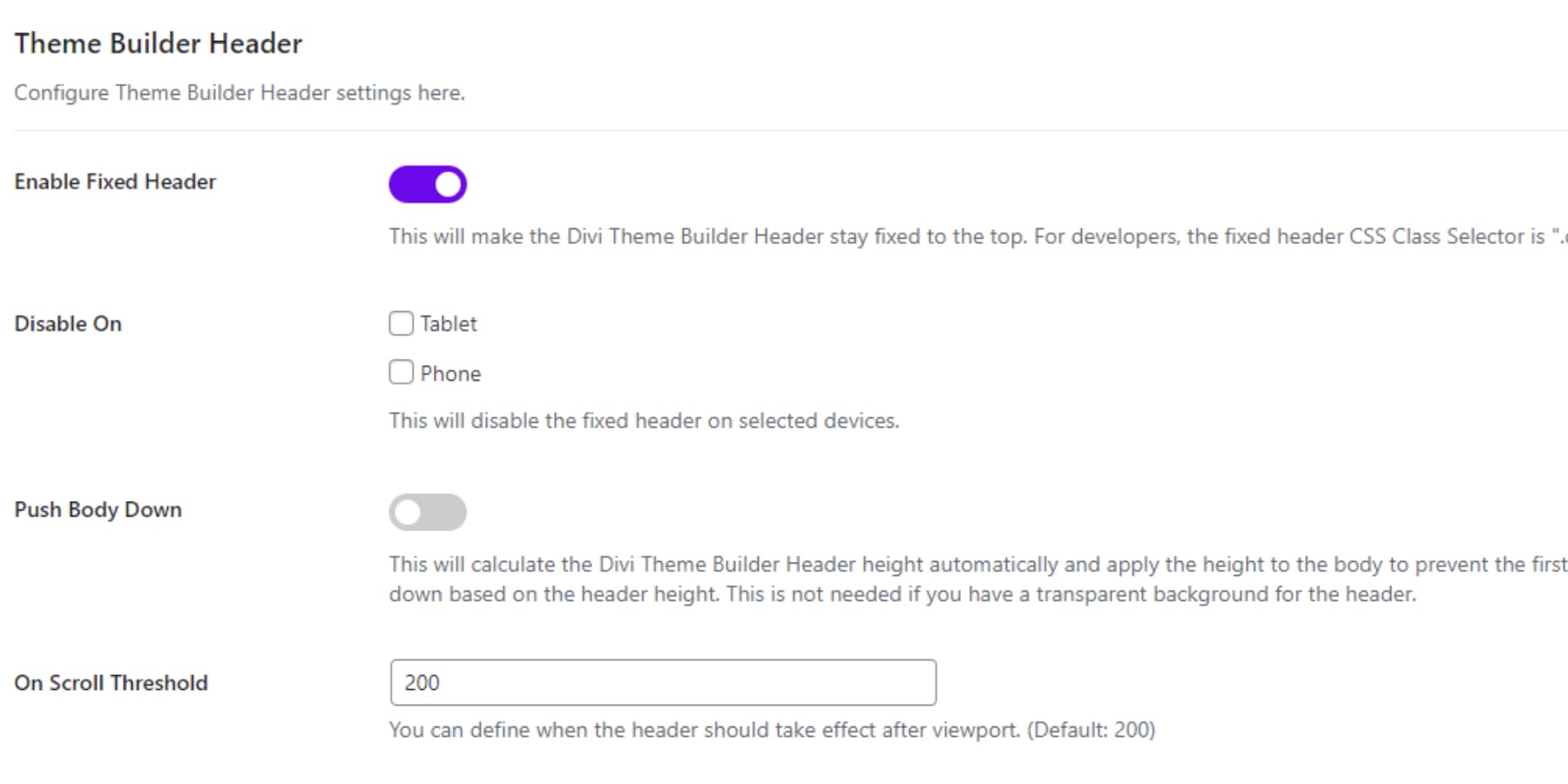 A screenshot of Theme Builder Header's Fixed Header options