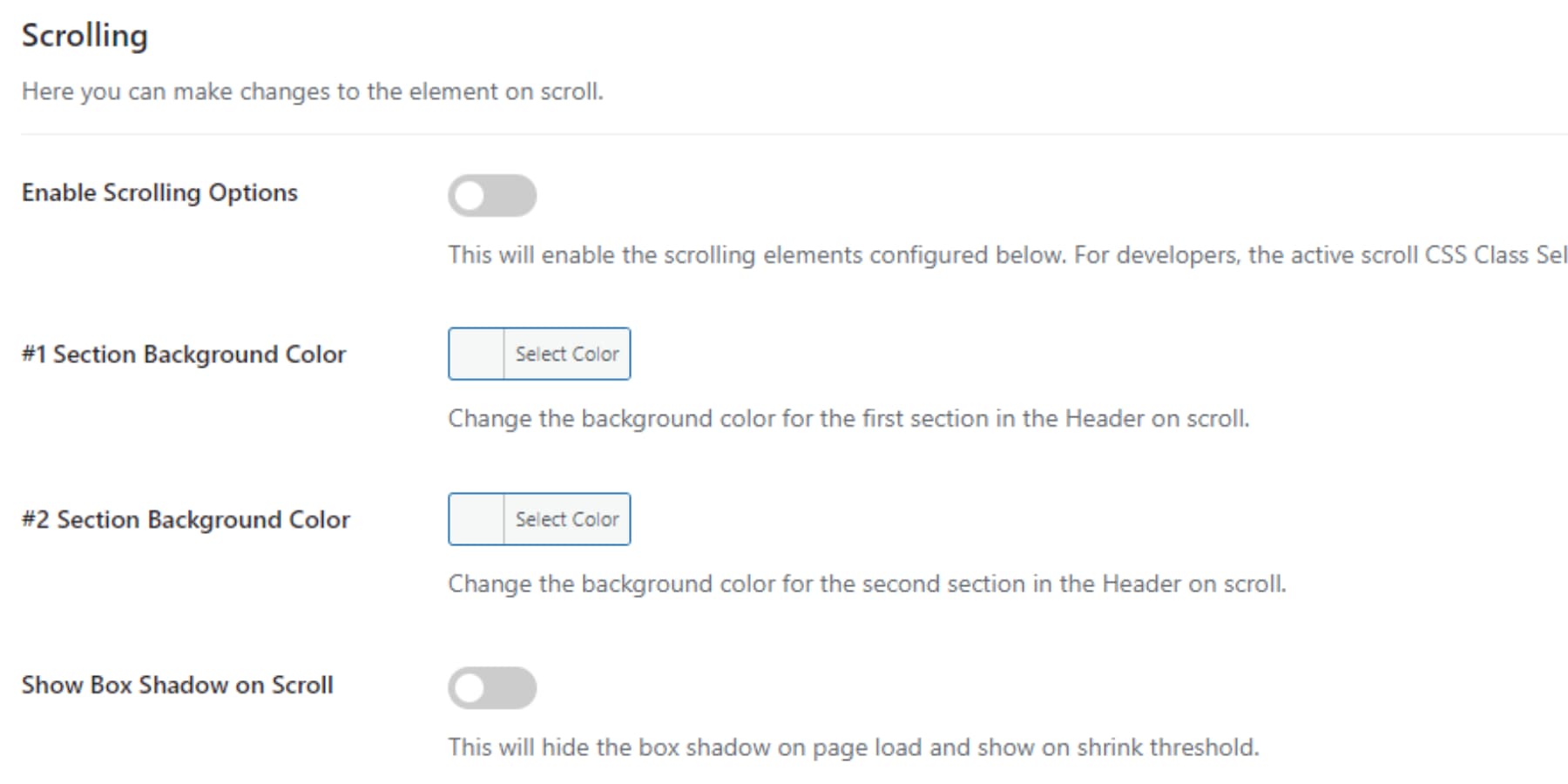A screenshot of Theme Builder Header's Scrolling Options