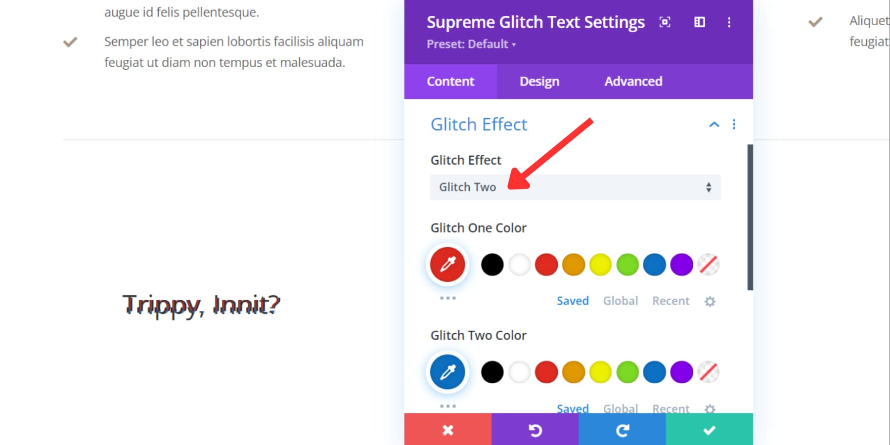 A screenshot of Divi Supreme Pro's Glitch Text Effects