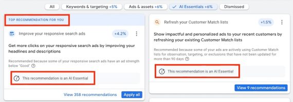 Screenshot of AI Essentials recommendations in Google Ads interface