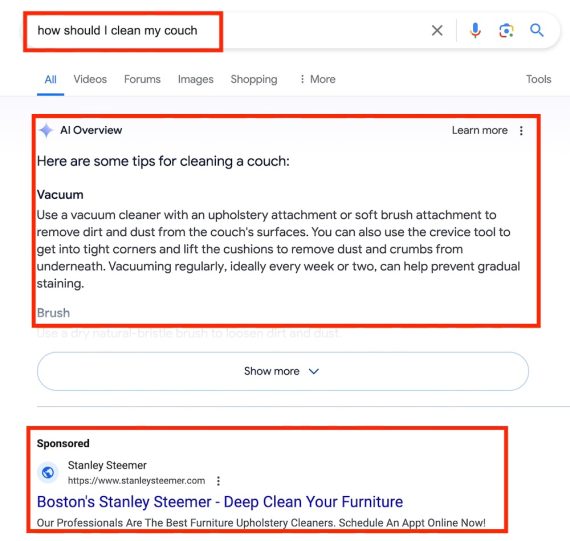 Screenshot of search results showing the query, AI Overview, and ad from Stanley Steemer