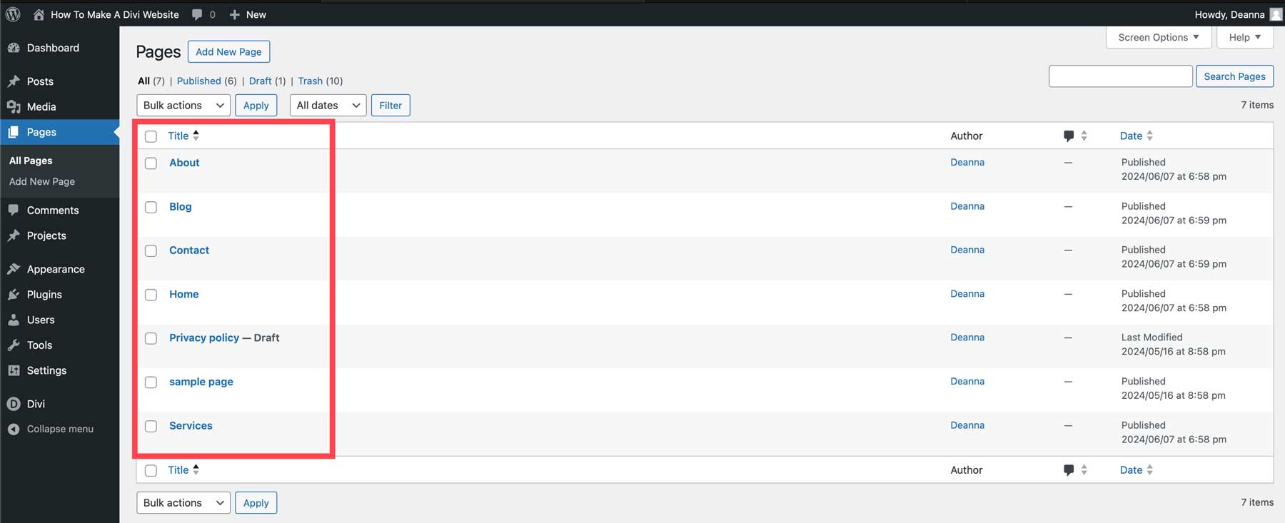 WordPress page structure