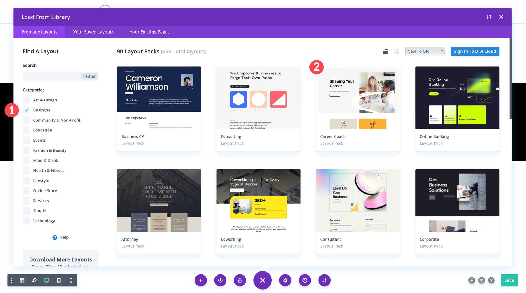 select Divi layout