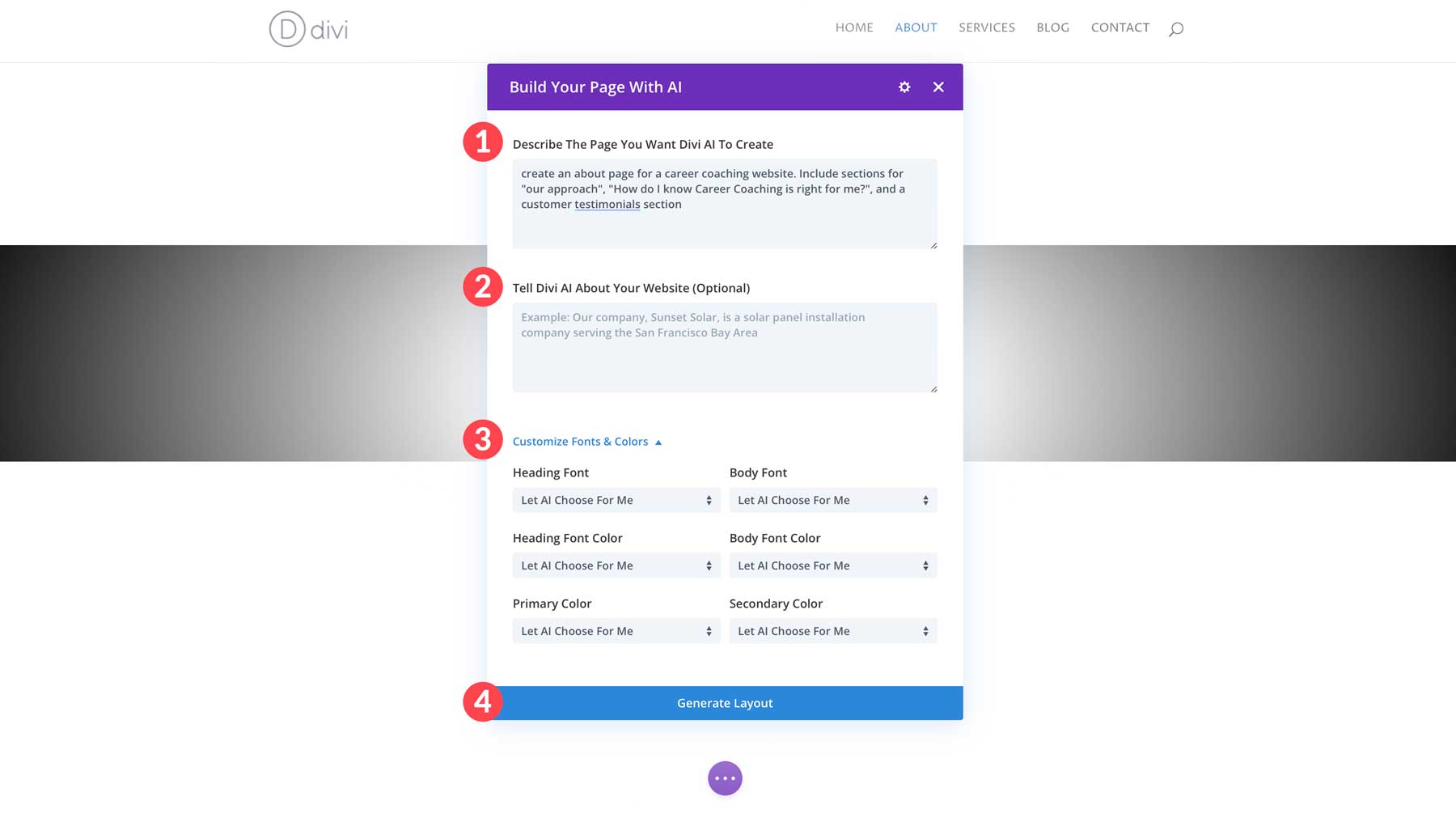 Divi AI dialog box