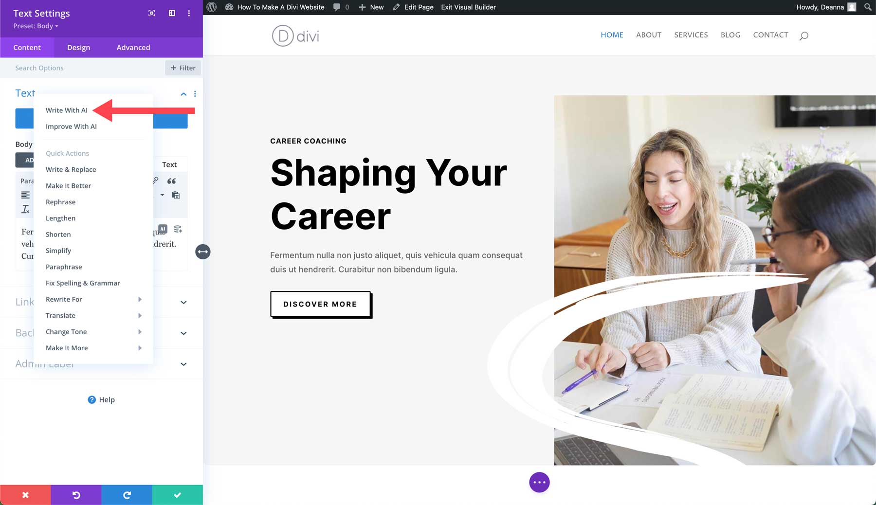 write with Divi AI