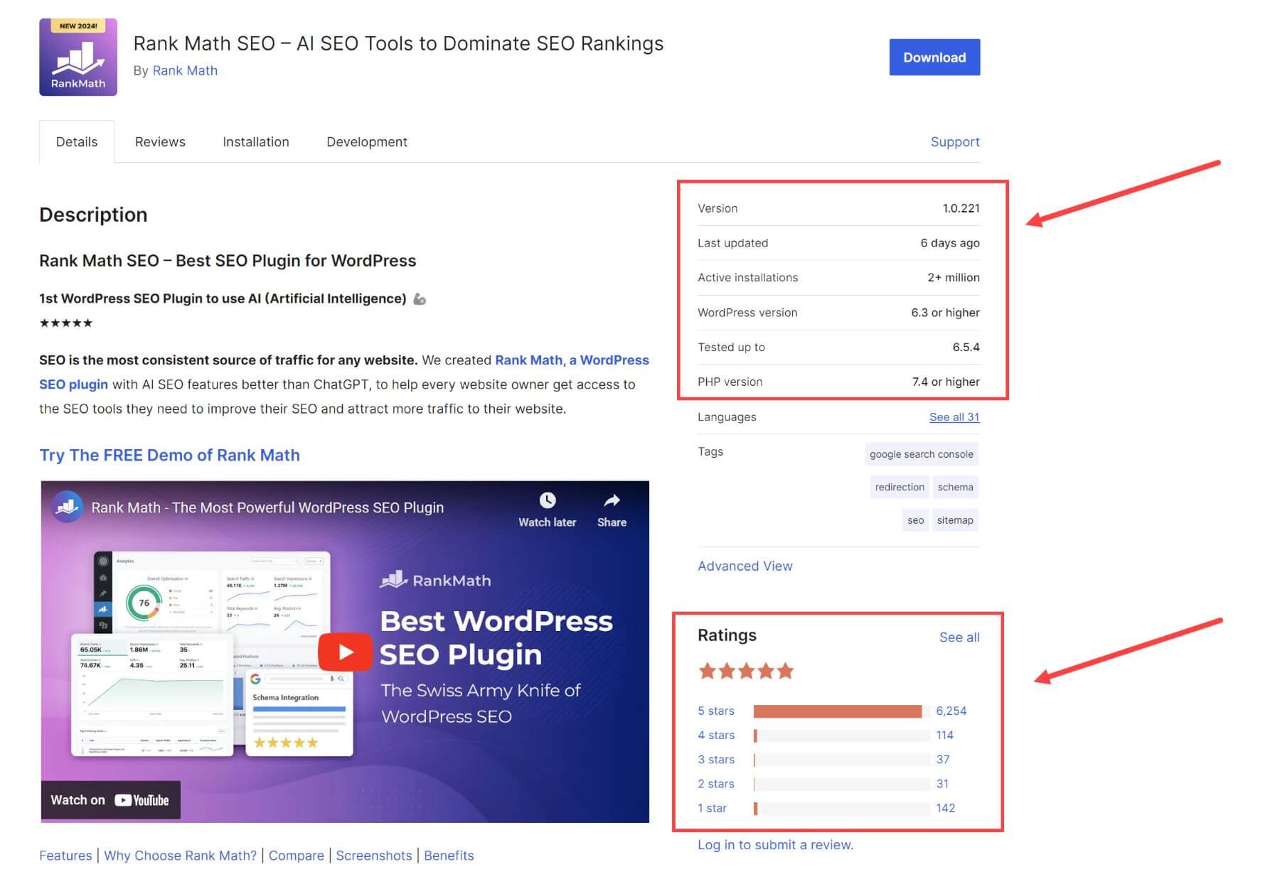 plugin specs and ratings for Rank Math