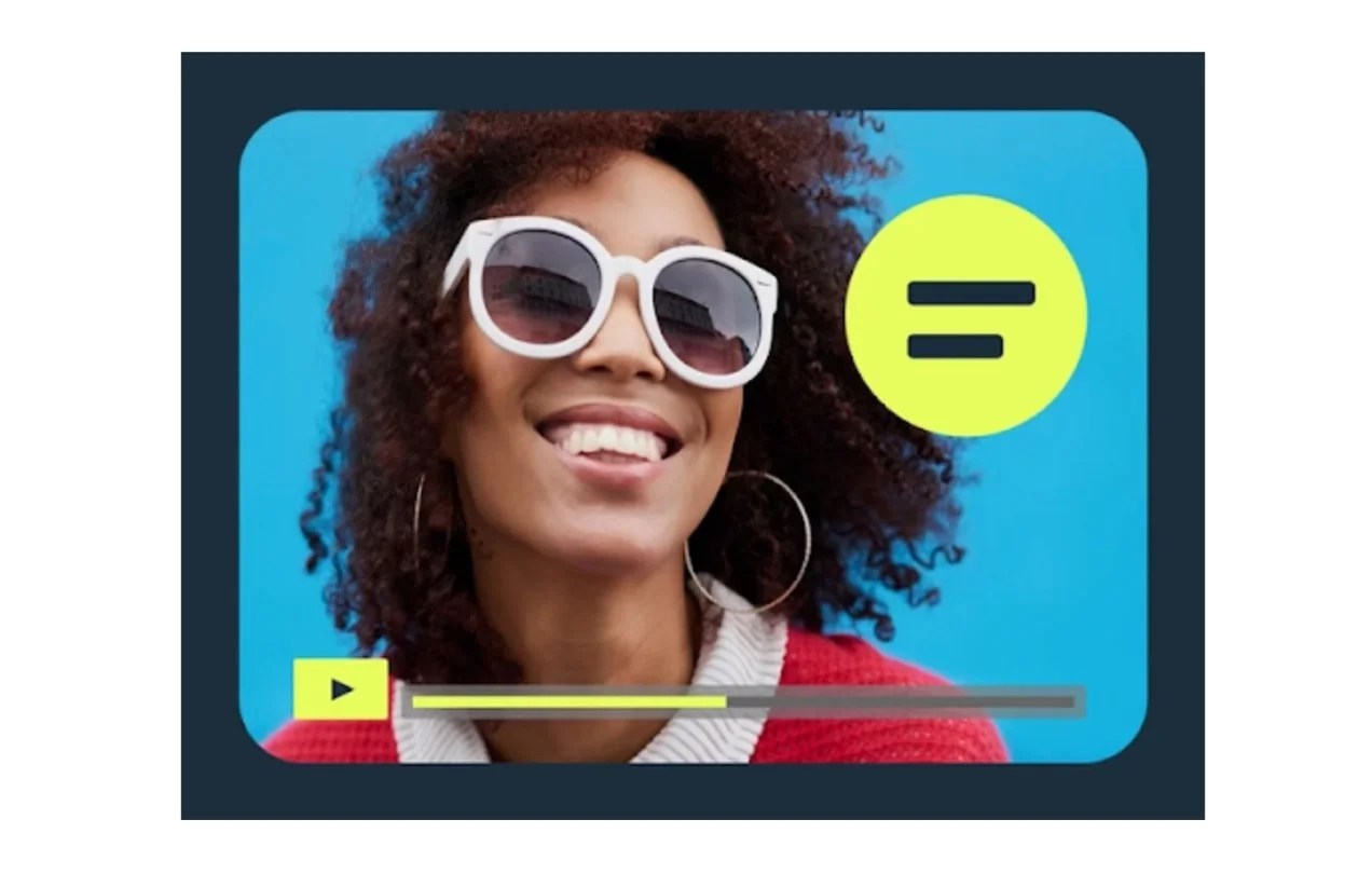 Video play with yellow buttons and thumbnail of a girl with sunglasses.