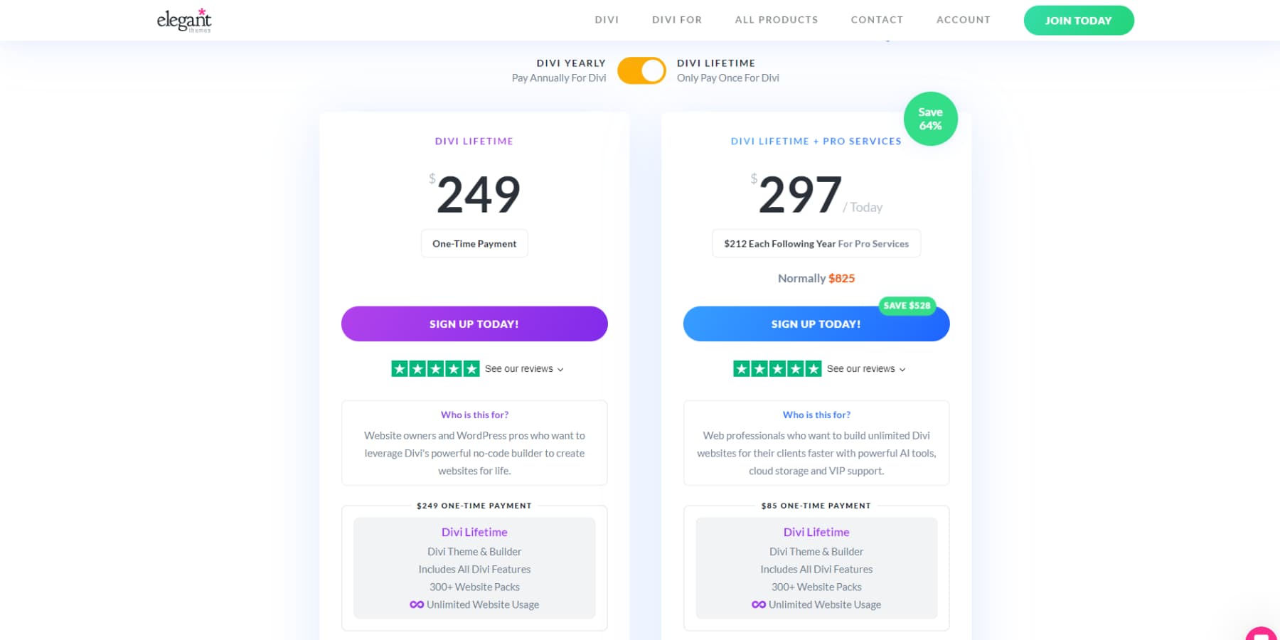 A screenshot of Divi's lifetime pricing