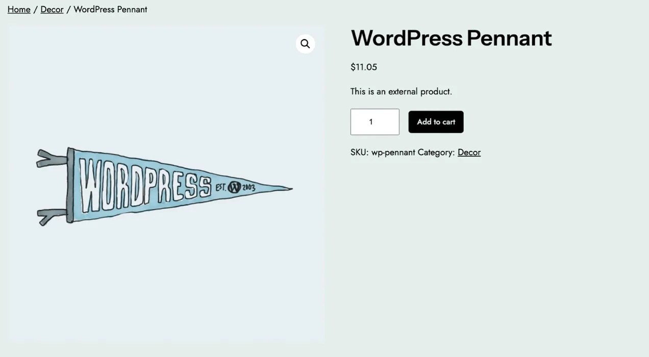 product listing for a WordPress pennant