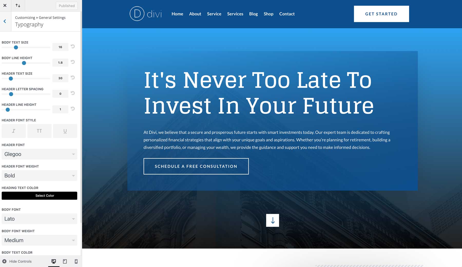 Finance starter site for Divi