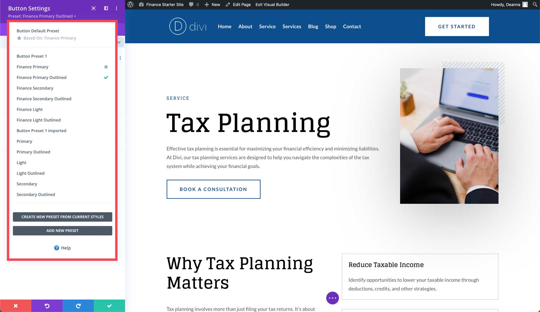 Finance starter site for Divi