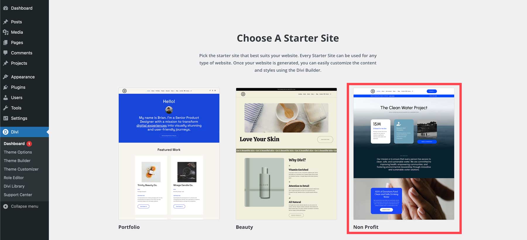 Non profit starter site for Divi