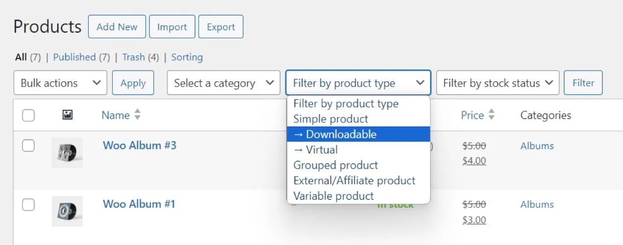 filtering by downloadable items