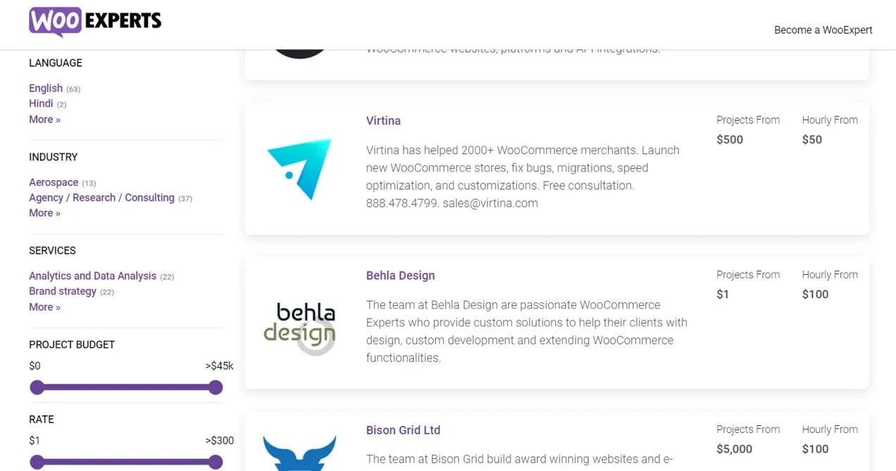 WooExperts filter by budget, rate, industry, and more