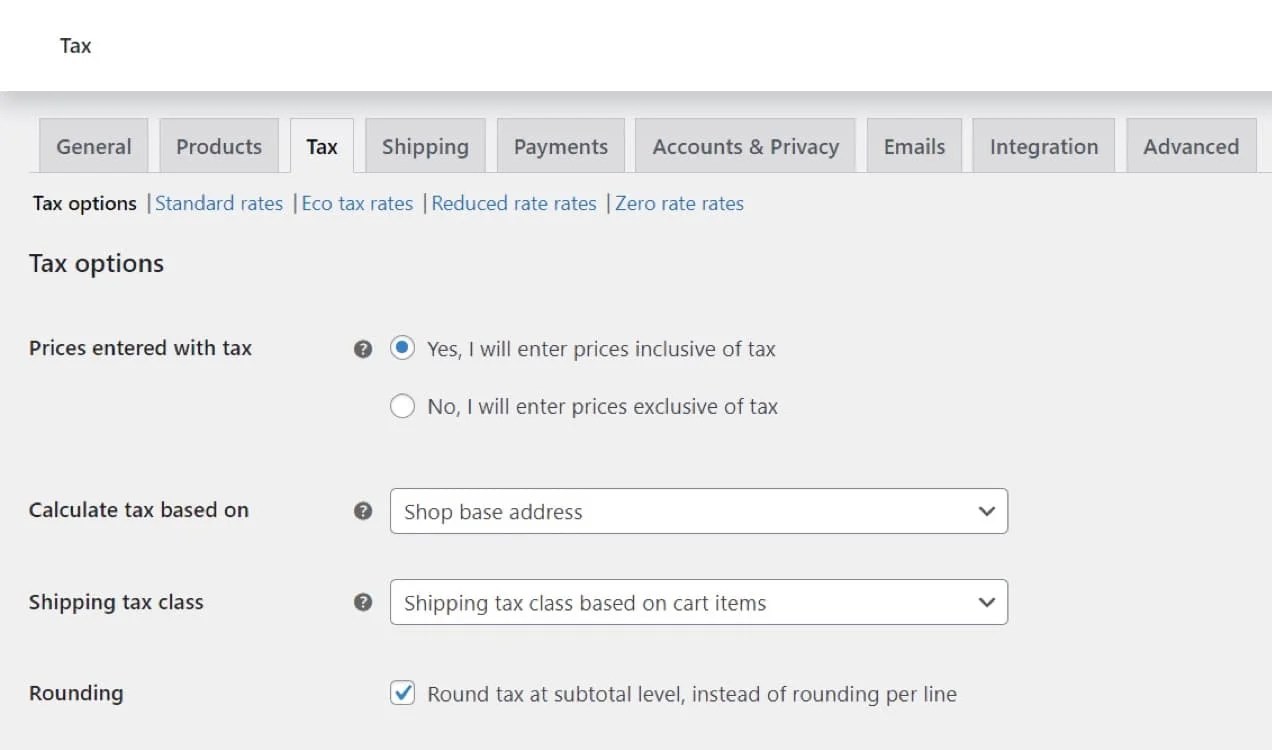 editing Woo tax settings