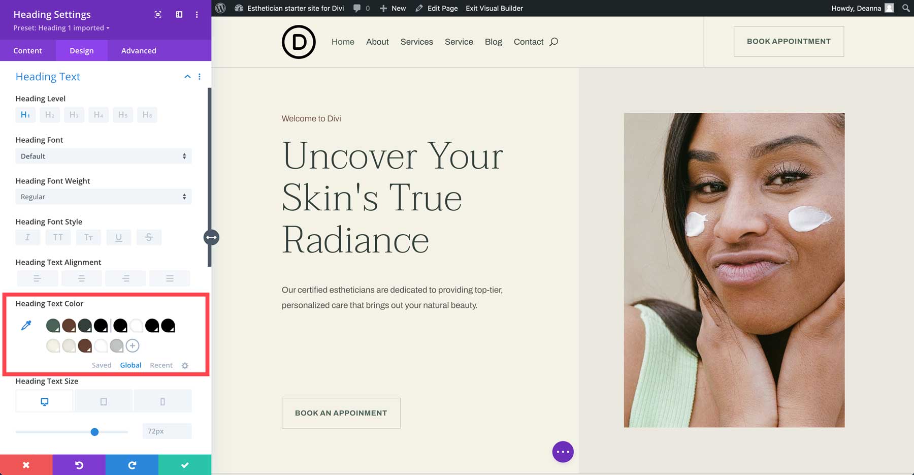 Esthetician starter site for Divi