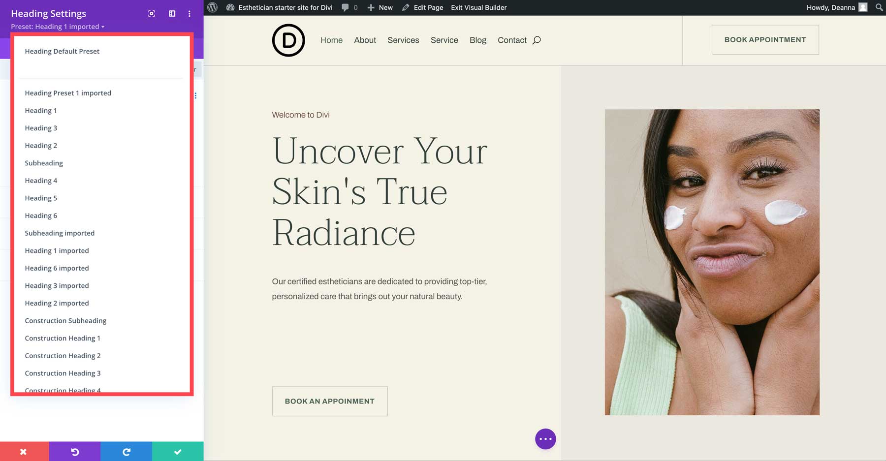 Esthetician starter site for Divi