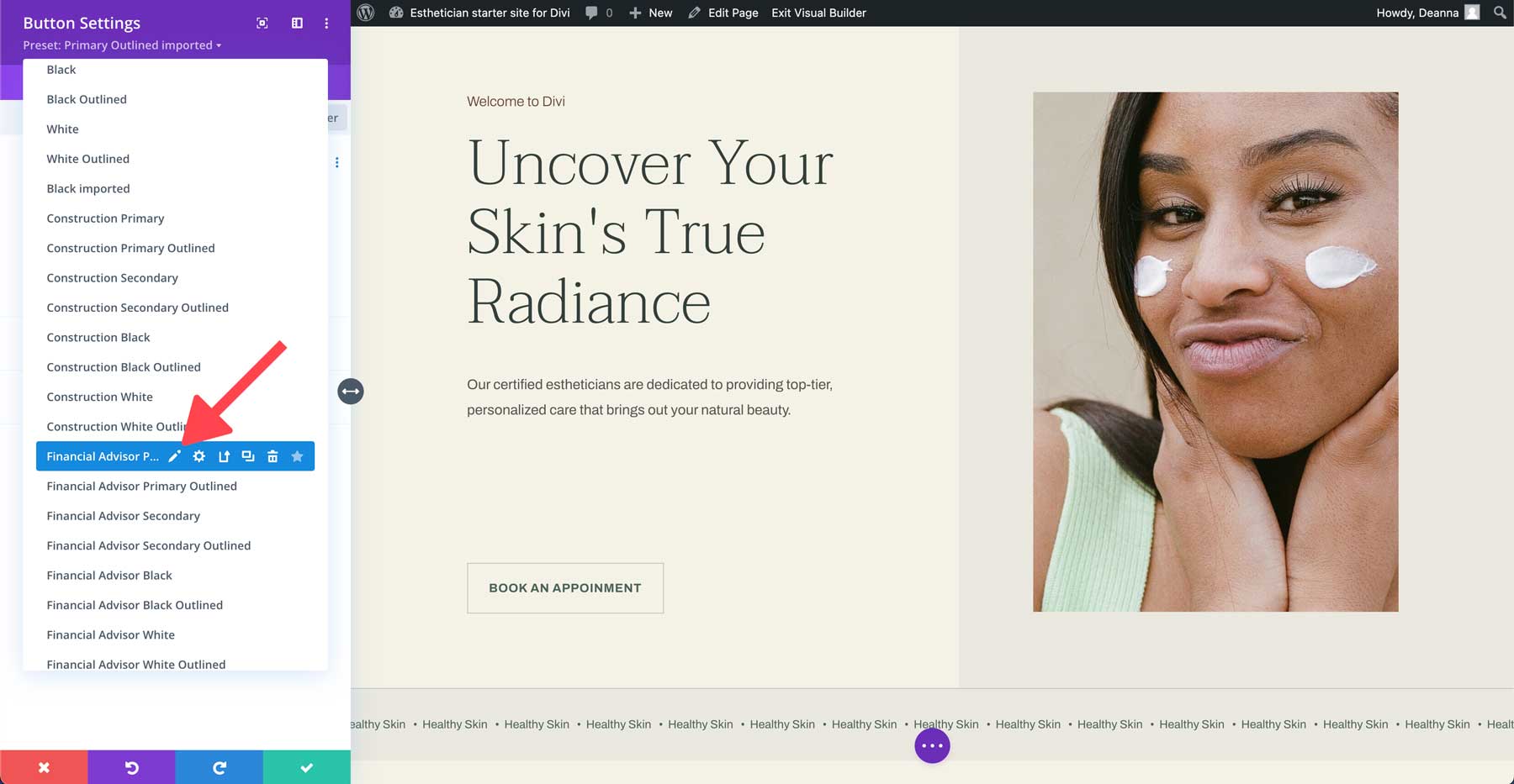 Esthetician starter site for Divi