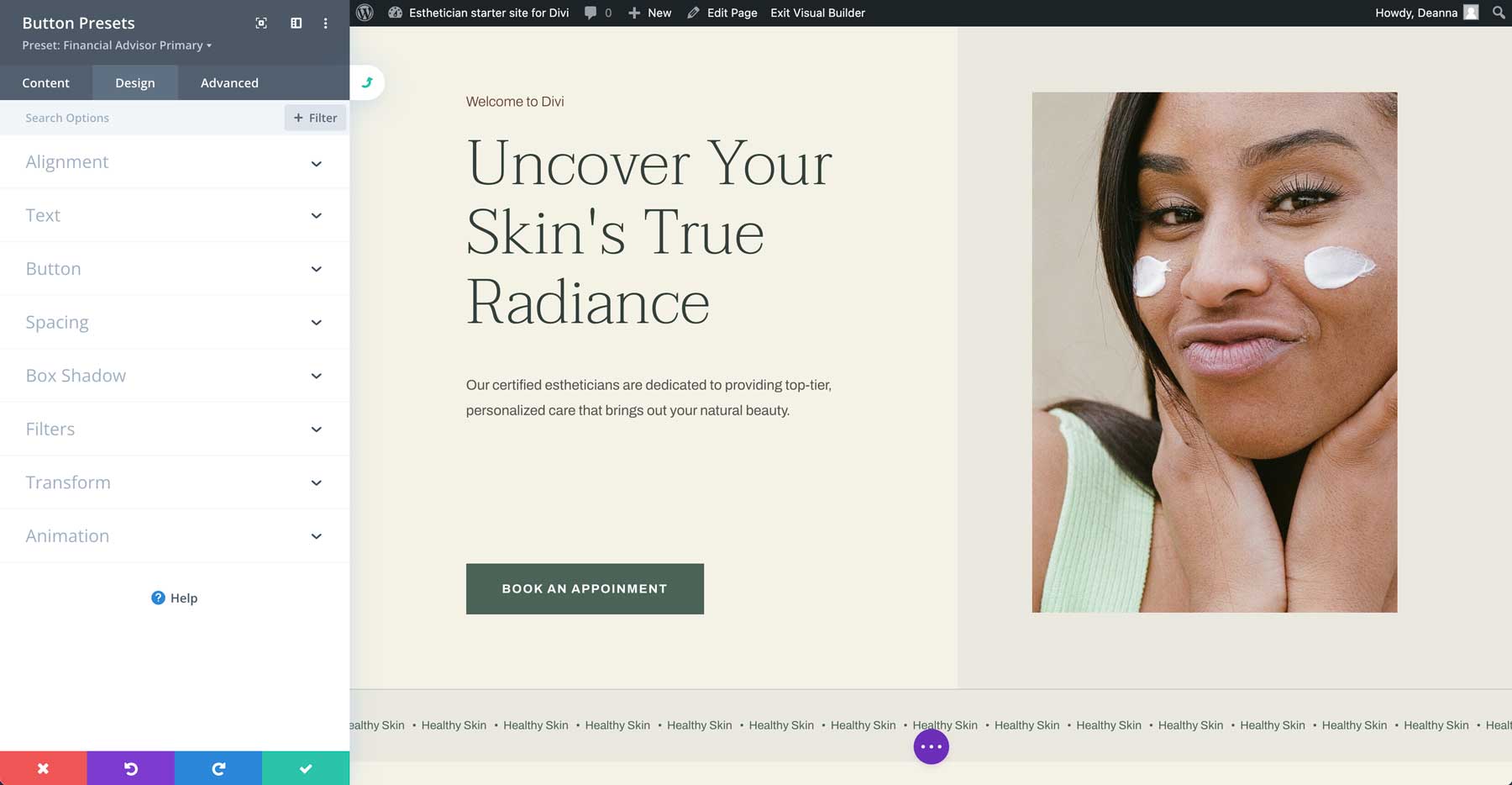 Esthetician starter site for Divi