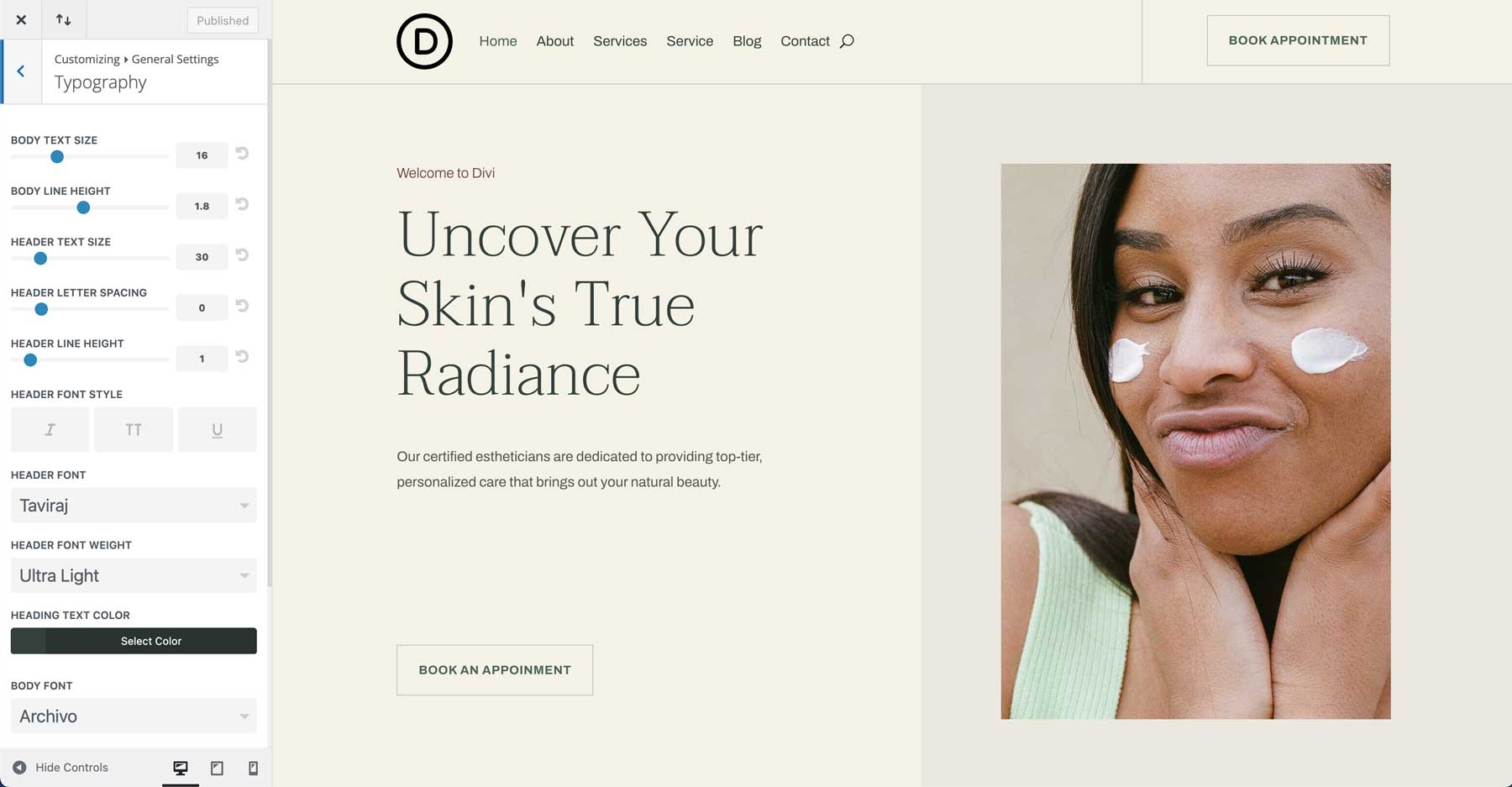 Esthetician starter site for Divi