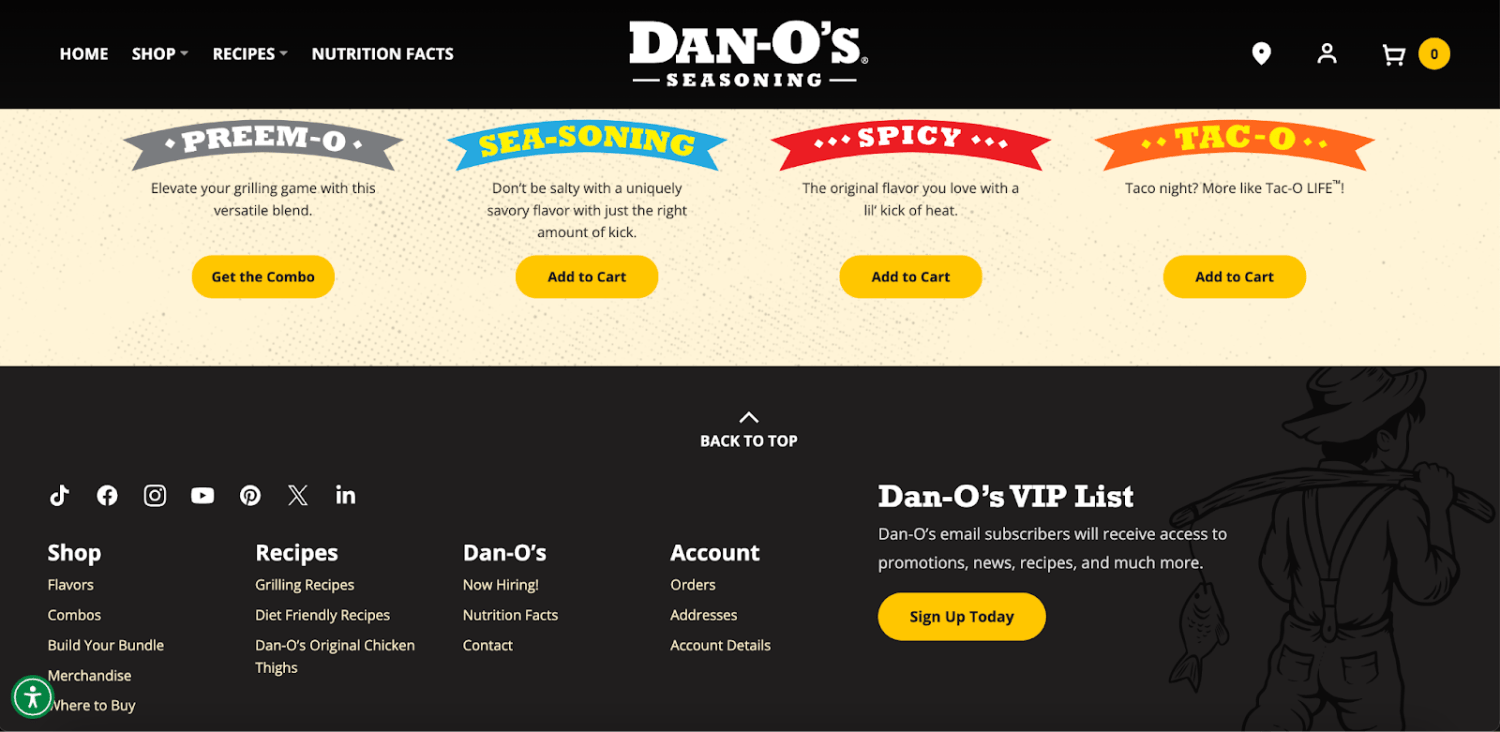 option to sign up for a VIP email list in Dan-O's footer