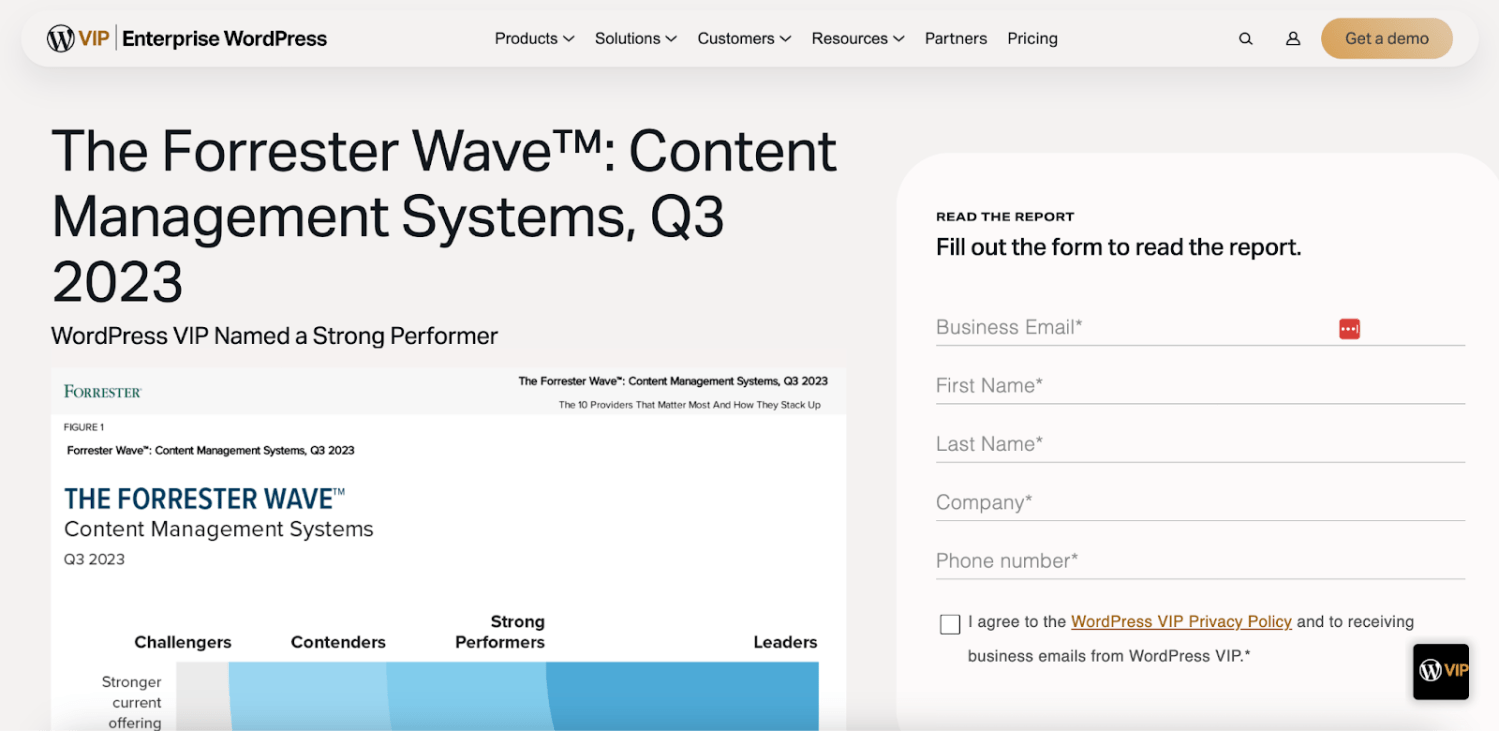 WordPress VIP enterprise report signup form example