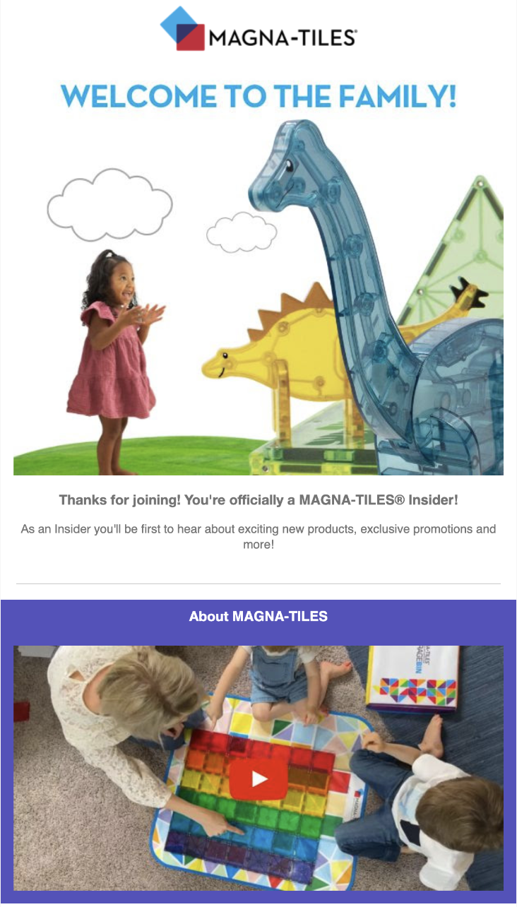 welcome email from Magna-Tiles full of bright, colorful pictures of dinosaur toys