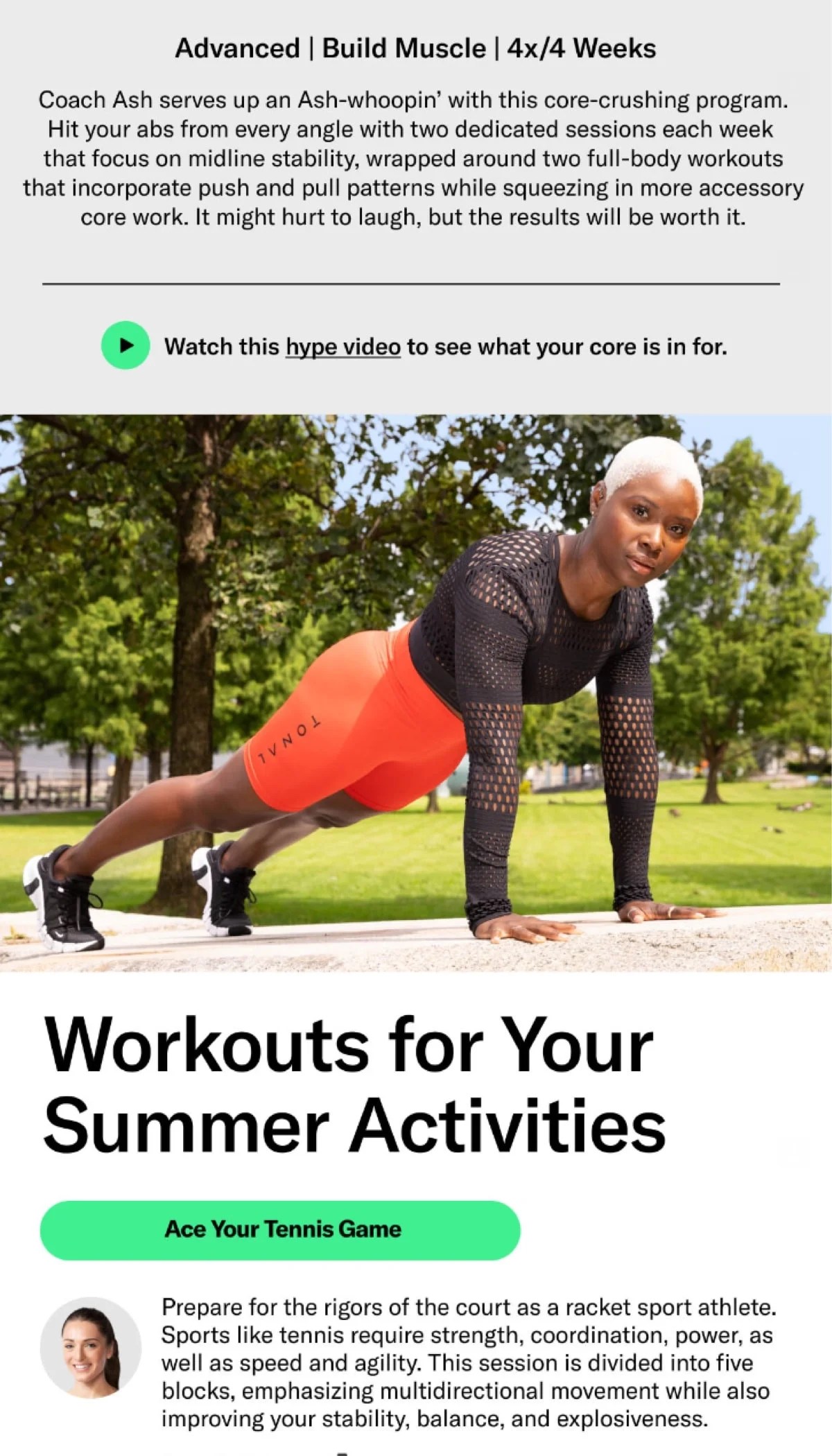 email example from Tonal, with a call to action that says "ace your tennis game"