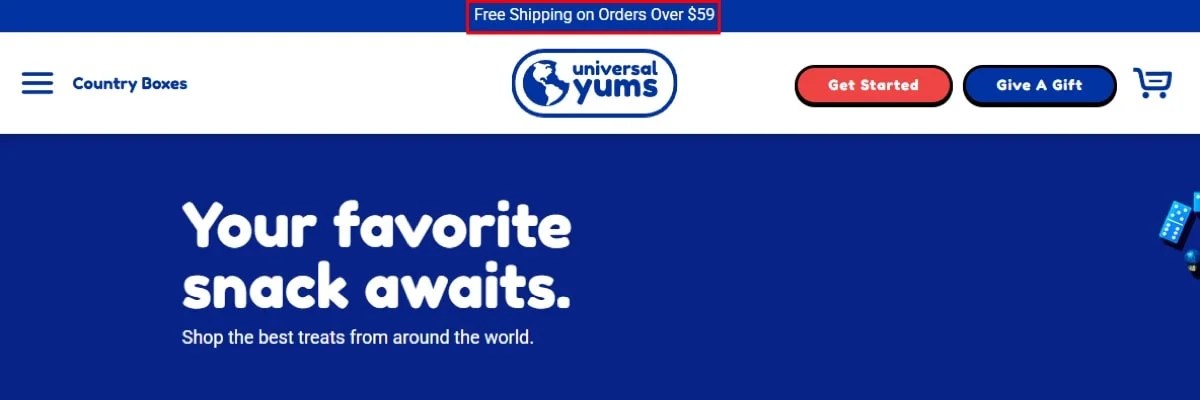 Universal Yums homepage with a free shipping notice in the header