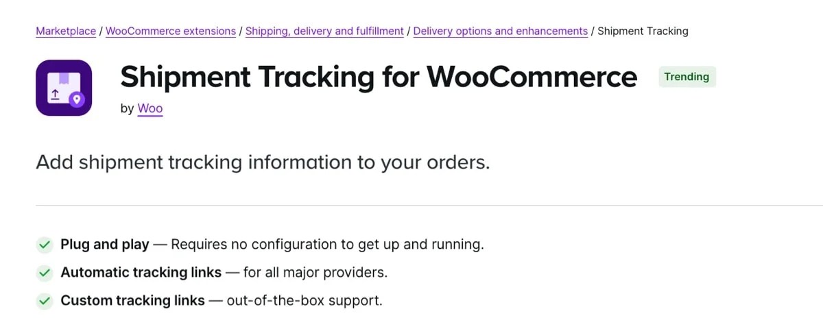 Shipment Tracking for WooCommerce extension page