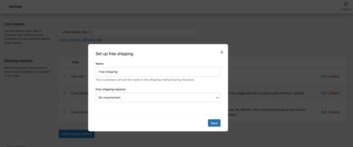 settings for free shipping in WooCommerce