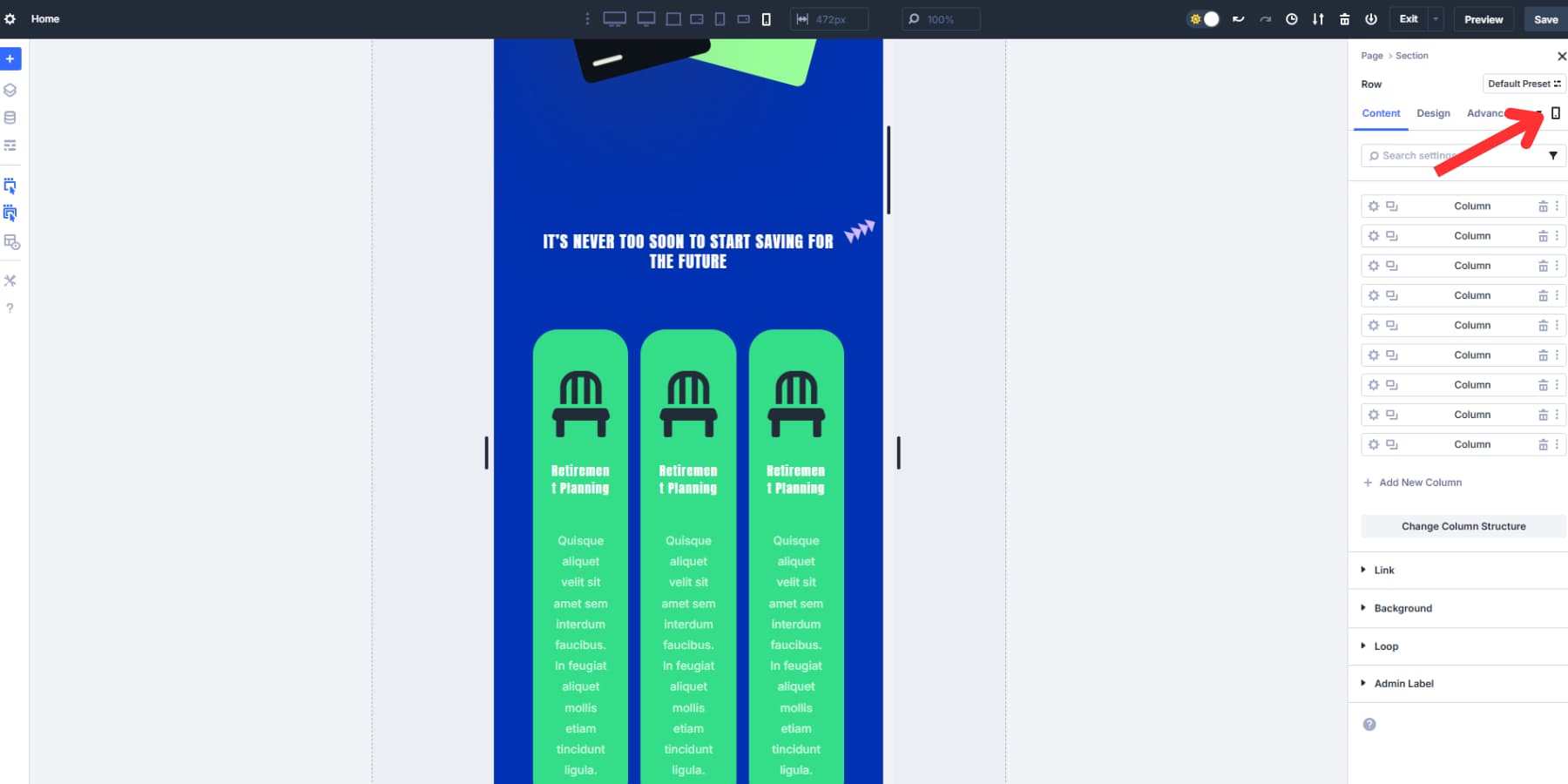 A screenshot of where to find the breakpoint selector in module settings