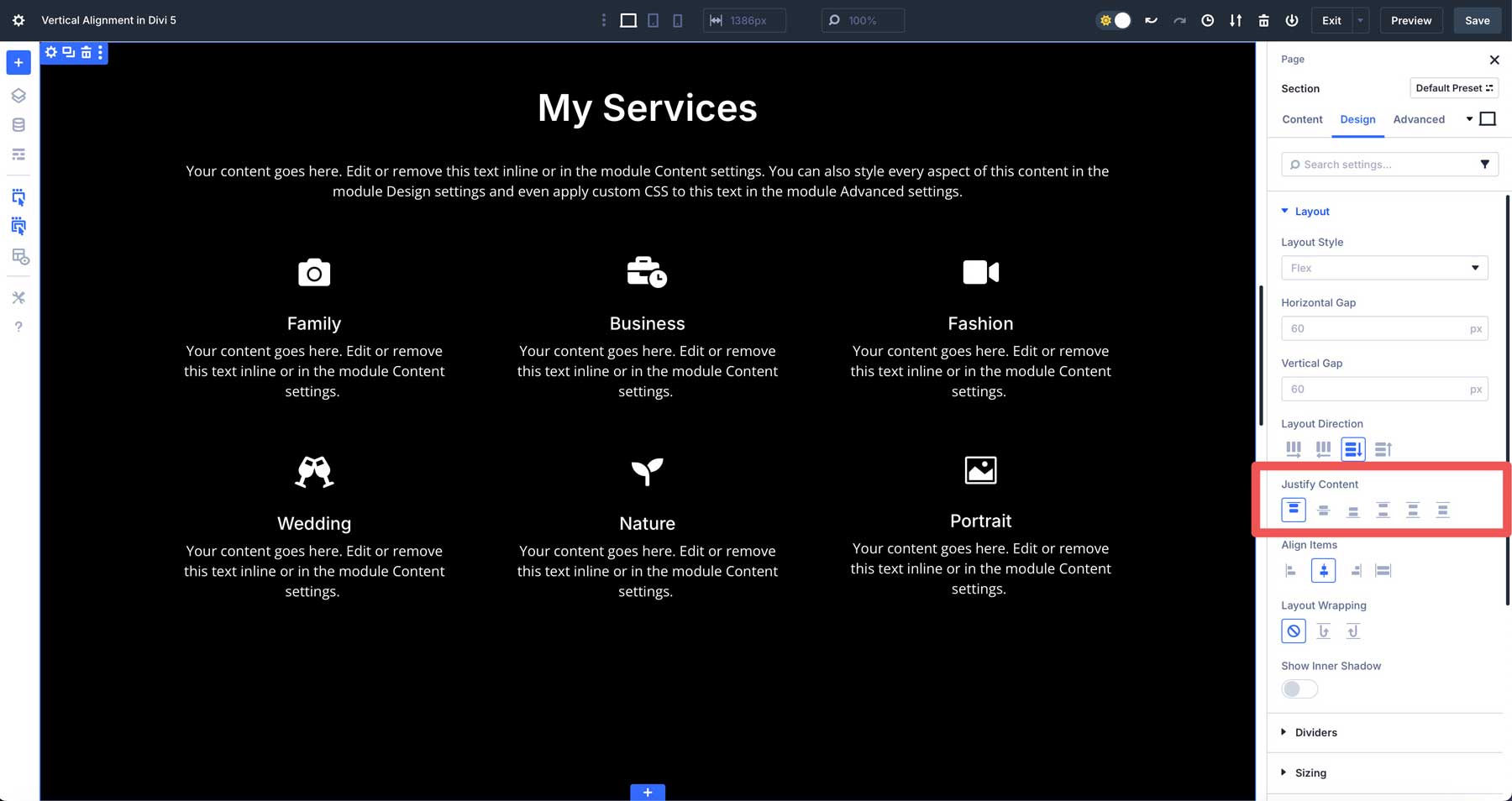 vertical alignment in Divi 5