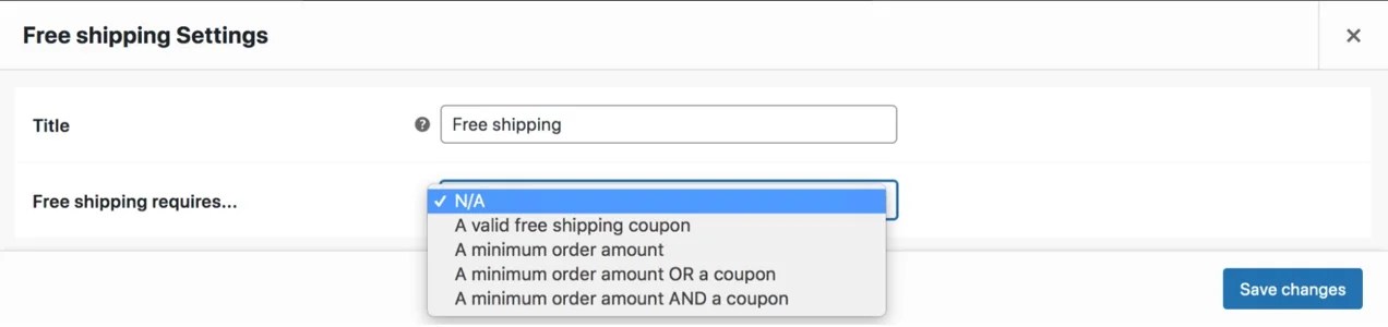 free shipping settings with a dropdown for requirements